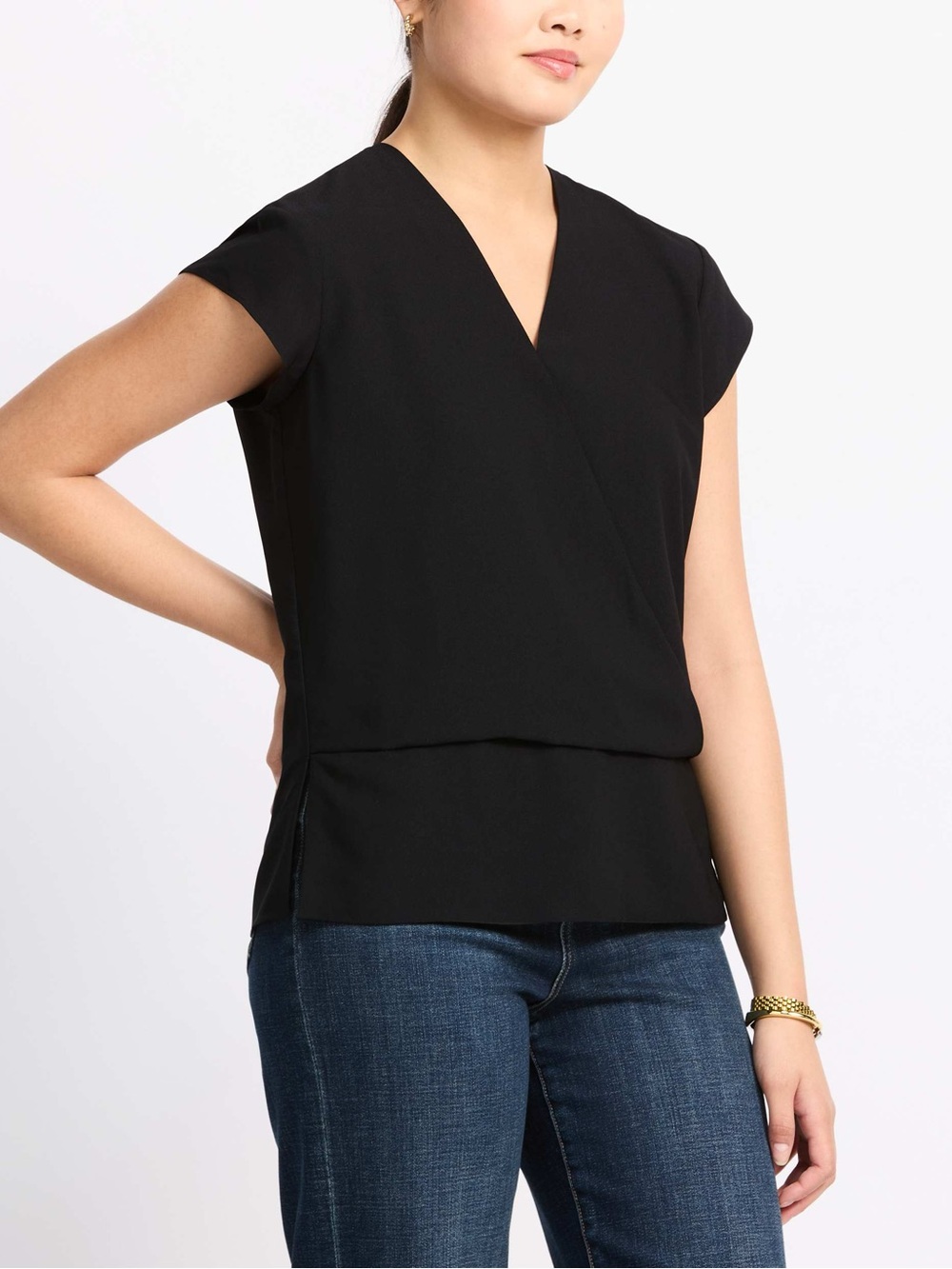 41 Hawthorn Black Faux Wrap Blouse Top Size Large EUC Career Capsule Minimalist